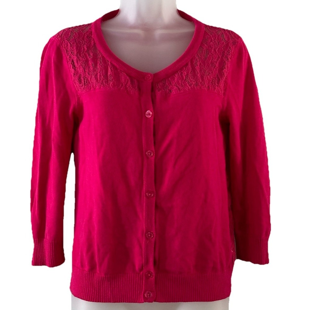 Aeropostale Cotton Blend Cardigan Sweater Size‎ Medium Hot Pink Lace Back Sheer